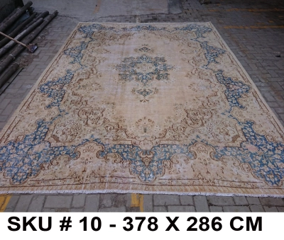 Vintage vloerkleed zandkleur met blauw, nr.62340, 378cm x 286cm  