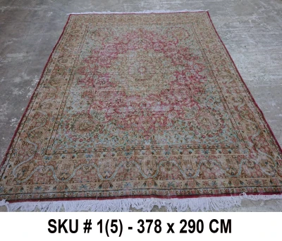 Vintage vloerkleed zandkleur met groen en rood, nr.59003, 378cm x 290cm Dit kleed verwachten we half oktober binnen