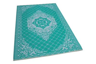 Buitenkleed van gerecycled gevlochten kunststof 180cm x 120cm turquoise wit