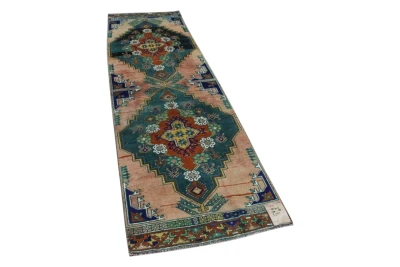 vintage vloerkleed loper met groen nr.56013 298cm x 88cm