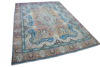 Vintage vloerkleed met blauw, groen 60122 375cm x 275cm