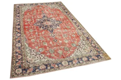 GERESERVEERD Vintage vloerkleed rood met blauw nr:7289 293cm x 180cm