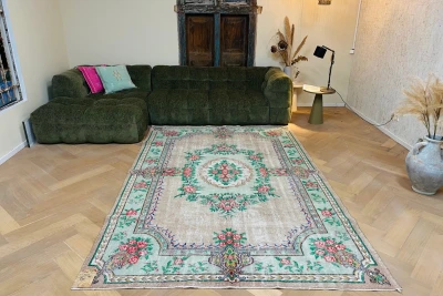 Vintage vloerkleed groen 36026 298cm x 189cm