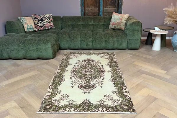 Vintage vloerkleed met groen nr:19081 211cm x 115cm