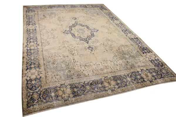 Vintage vloerkleed zandkleur met blauw, nr.59551, 400cm x 300cm