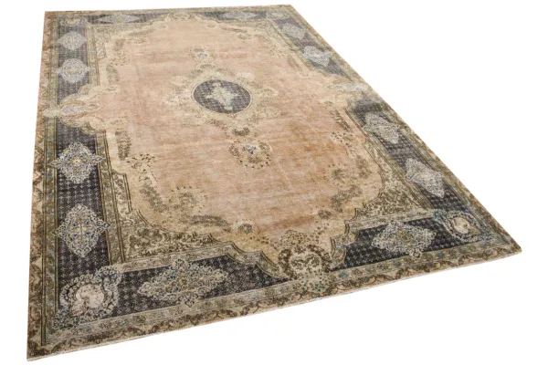 Vintage vloerkleed zandkleur met blauw, nr.59597, 392cm x 288cm