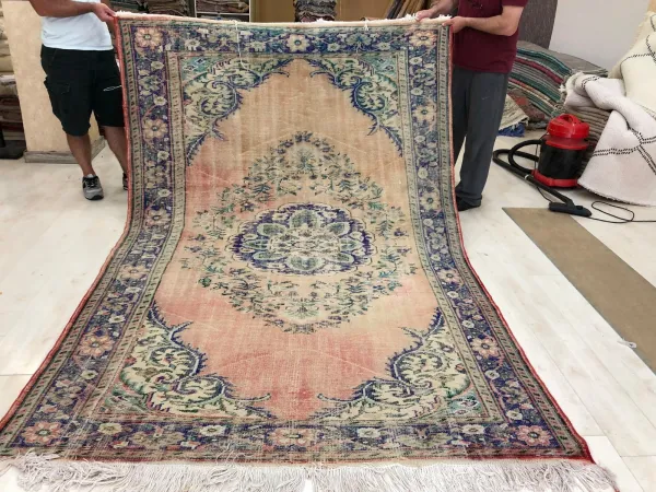 vintage vloerkleed met blauw met roze rood 675737 276cm x 181cm