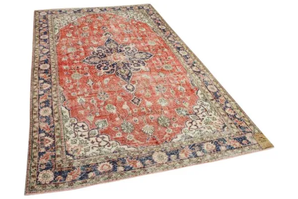 GERESERVEERD Vintage vloerkleed rood met blauw nr:7289 293cm x 180cm