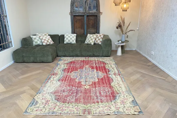 SALE Vintage vloerkleed rood met blauw 27174 296cm x 189cm