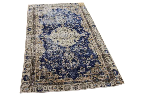 Vintage vloerkleed blauw met beige 35118 201cm x 111cm