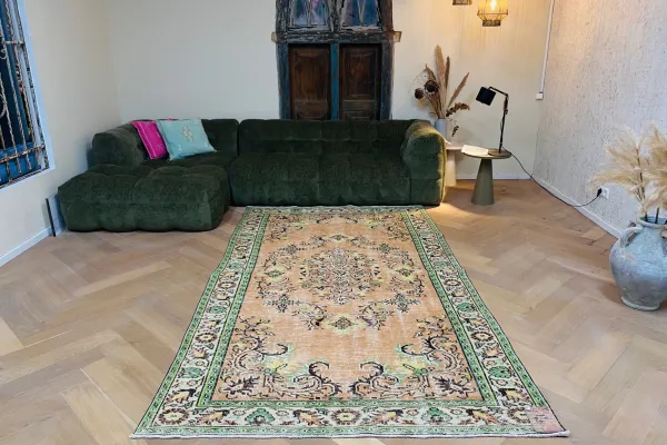Vintage vloerkleed oranje, groen nr.92448 288cm x 165cm  