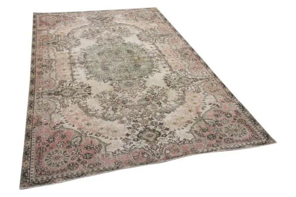 Vintage vloerkleed beige met groen en roze 9345 286cm x 172cm