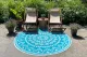 Rond buitenkleed turquoise / wit gerecycled gevlochten kunststof 180cm