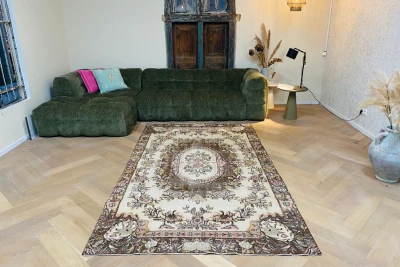 Vintage vloerkleed bruin, roze, geel, groen nr.19620 274cm x 157cm